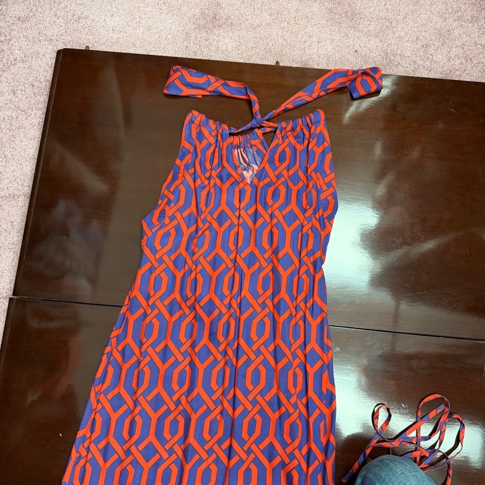 Escapada Womens XS Halter Mini Dress Blue Orange Geometric Print Sleeveless Tie